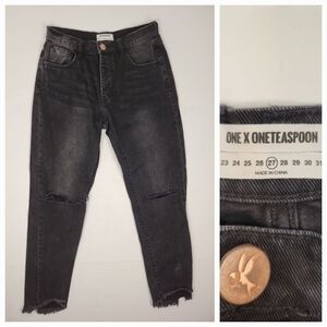 One Teaspoon Sz 27 Jeans Straight Trucker Mid Rise Fray Button Fly 90s Y2K